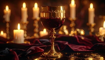 Hyper realistic close-up of a golden wine goblet with red wine swirling slowly