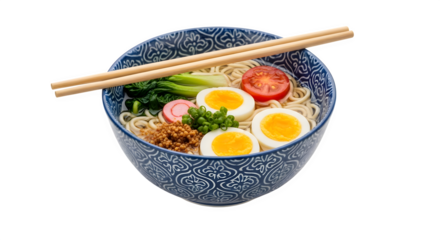 Bowl of ramen isolated on transparent background delicious and nutritious meal with noodles, egg, vegetables, and broth, a perfect comfort food