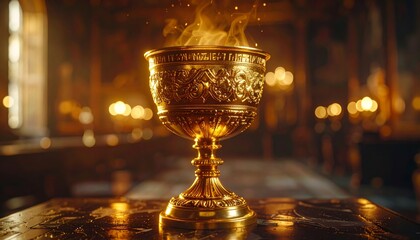 Hyper realistic detailed shot of a golden ceremonial cup with ancient engravings