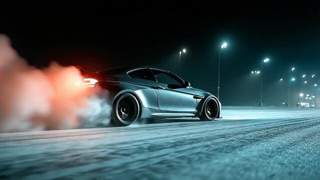 Nighttime car drifting with smoke and city lights