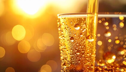 Ultra macro shot of golden straw inside crystal glass, condensation droplets