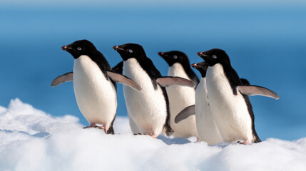 Fototapeta premium Four adorable penguins stand on a snowy landscape, surrounded by blue ice and water, showcasing their playful nature in a serene environment.