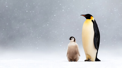 Fototapeta premium majestic adult emperor penguin stands beside its fluffy chick, set against a snowy backdrop, showcasing the beauty of their natural habitat.