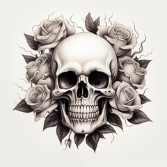 Obraz premium Detailed black and white pencil sketch of a human skull with cracked bone texture, framed by dark, beautifully blooming roses and foliage.