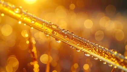 Ultra macro shot of golden straw inside crystal glass, condensation droplets