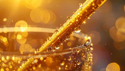 Ultra macro shot of golden straw inside crystal glass, condensation droplets