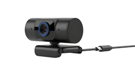 Black webcam isolated on transparent background for video conferencing and online communication, providing clear and crisp image quality for remote meetings