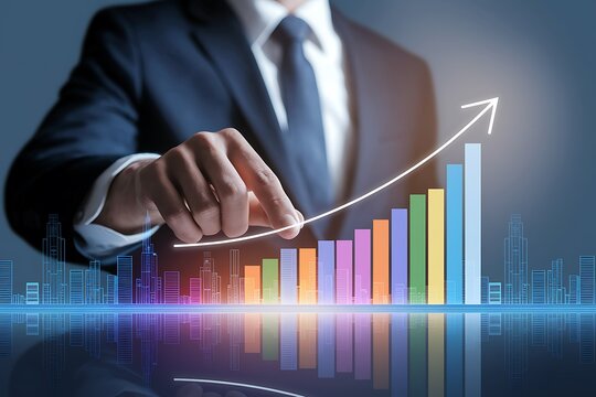 Businessman analyzing real estate investment data with futuristic city skyline and candlestick chart, property growth, market trends, and financial analytics.