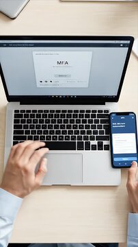 Person logging into laptop with multi factor authentication on smartphone for secure digital access Cybersecurity and professional business technology