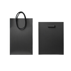 Two matte black paper shopping bags; one with handles