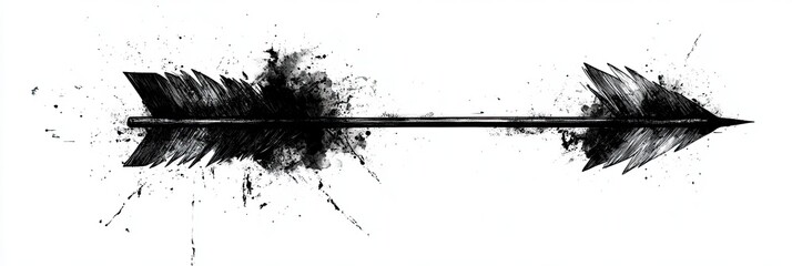 Arrow, feathered, with ink splatter, black and white