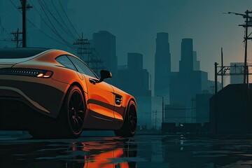 Urban cityscape with orange sports car