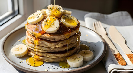 Fluffy banana pancakes topped with honey, rustic homemade breakfast and dessert style