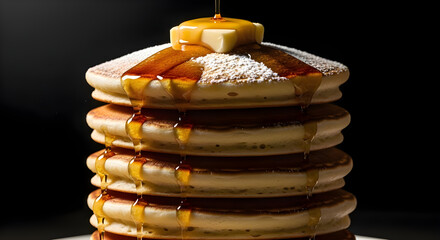 Golden pancake stack with maple syrup drizzle, delicious sweet breakfast concept