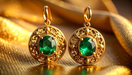 Cinematic macro view of golden earrings with emerald stones, soft golden light highli 