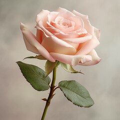 Single Pale Pink Rose on a Stem with Green Leaves and a Dreamy Soft Focus Background Capturing a Moment of Gentle Romance and Beauty