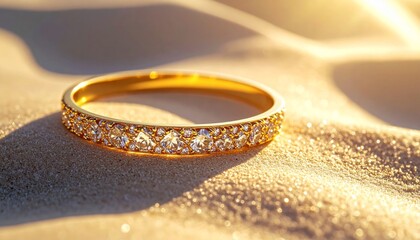 Hyper detailed macro of golden anklet with tiny diamonds, resting on smooth sand