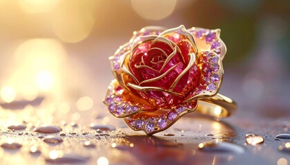 Hyper realistic close-up of a golden ring shaped like a blooming rose, each petal 