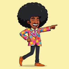 A happy afro hair cartoon child boy and a woman character illustration smile for fun at school with other people and teenager kid person vector graphics
