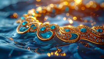 Hyper realistic macro of a golden necklace shaped like flowing water, embedded 