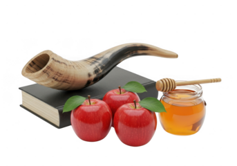 Shofar, apples, honey, and book symbolizing jewish rosh hashanah isolated on transparent background