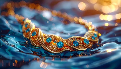 Hyper realistic macro of a golden necklace shaped like flowing water, embedded 