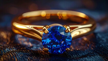 Hyper realistic macro shot of a golden ring with sapphire gemstone