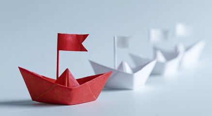 Red paper boat leading a line of white paper boats