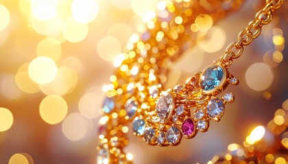 Hyper realistic macro shot of layered golden necklaces intertwined, mixed gemstones