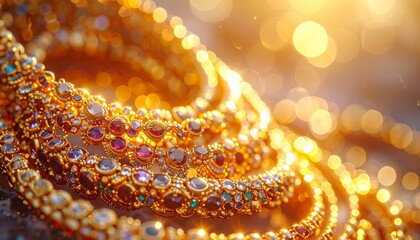 Hyper realistic macro shot of layered golden necklaces intertwined, mixed gemstones