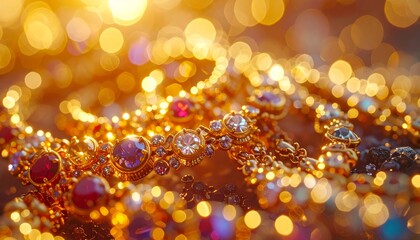 Hyper realistic macro shot of layered golden necklaces intertwined, mixed gemstones
