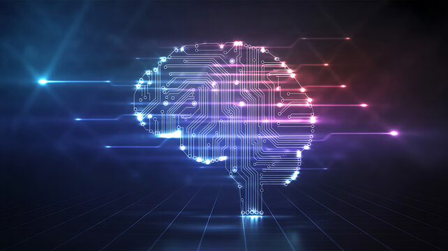 Digital brain with glowing circuits and data streams on dark background
