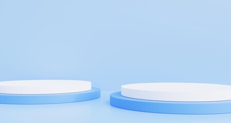 White and blue podium for product advertising, promotions in various events, 3D illustration.