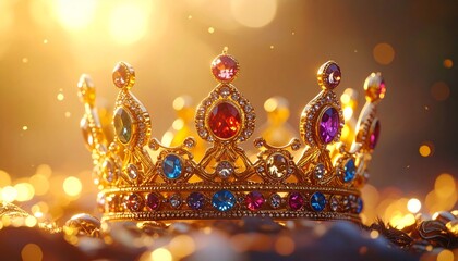 Macro shot of a golden crown adorned with colorful gemstones, cinematic