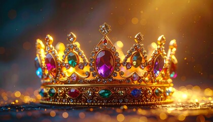 Macro shot of a golden crown adorned with colorful gemstones, cinematic