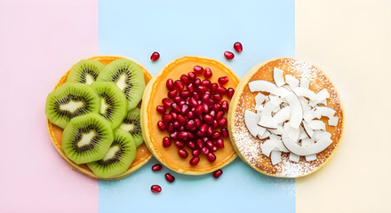 Assorted fruit pancakes with icing, glaze and toppings, colorful dessert and breakfast concept