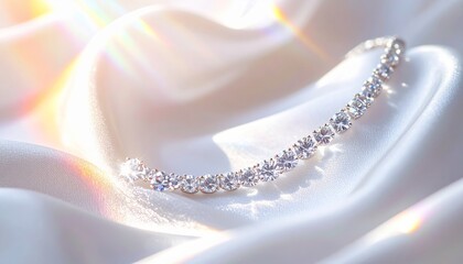 Ultra detailed close-up of a diamond necklace resting on white silk fabric, reflectio 