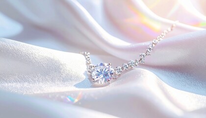 Ultra detailed close-up of a diamond necklace resting on white silk fabric, reflectio 