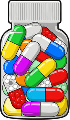 Vector illustration of a transparent pill bottle with many capsules.