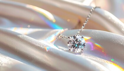 Ultra detailed close-up of a diamond necklace resting on white silk fabric, reflectio 