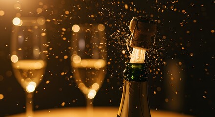 A champagne bottle being opened with two glasses in the background and golden light shining around it