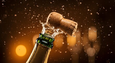 Champagne bottle popping with cork and splashing liquid against a blurred warm background celebration