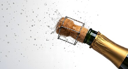 A champagne bottle with a cork popping and water droplets on a white background in a close up shot