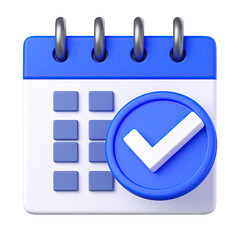 Calendar with checkmark, blue and white, 3D render