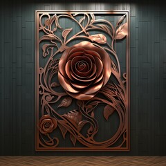 Luxurious 3D Metallic Copper Rose Bas-Relief Wall Art Panel on a Dark Background
