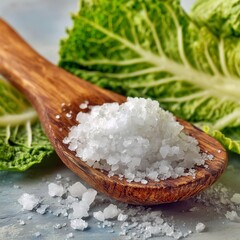 나무숟가락 위에 올려진 천일염과 배추