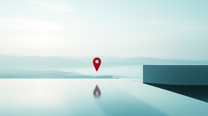 navigating horizons: a serene journey towards new destinations and location pinpoint against the backdrop of misty mountains and reflective surface