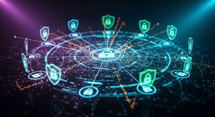 Obraz premium Cybersecurity Network: An illustrative depiction of a robust cybersecurity network, showcasing the interconnectedness and protection of data within a digital infrastructure. 