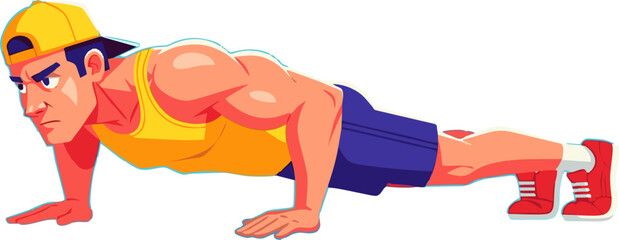 Muscular anime style man doing a push-up exercise isolated on white.