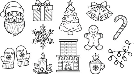 A christmas themed coloring page with santa claus and a christmas tree and other holiday icons